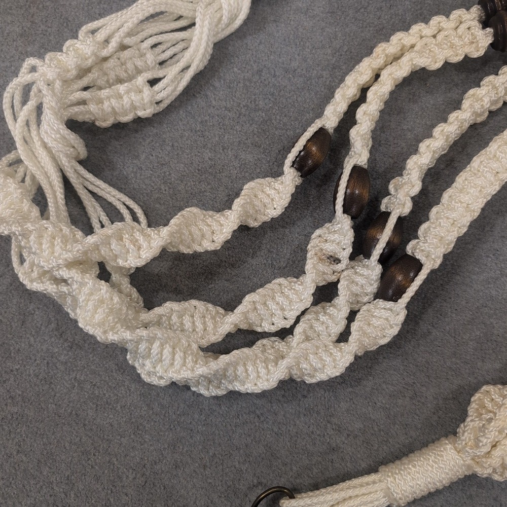 Vintage Macrame Large Plant Hanger Off White Braided Cord Wood Beads Boho 66" - Picture 4 of 5